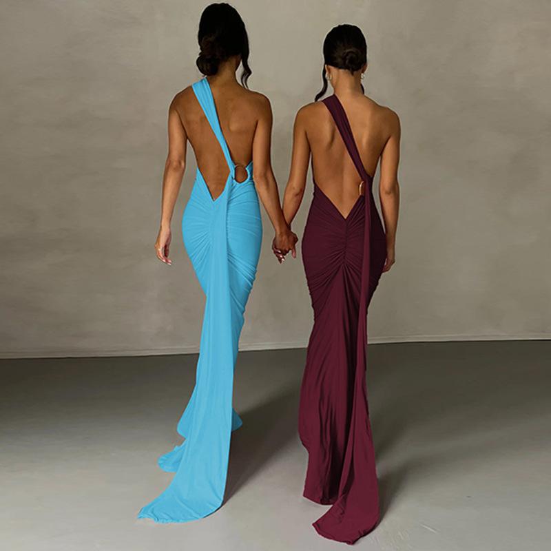 Vestidos de Verano Sexy sin Espalda con Cuello Halter, Plisados, Slim, Color Sólido, sin Mangas, con Temperamento