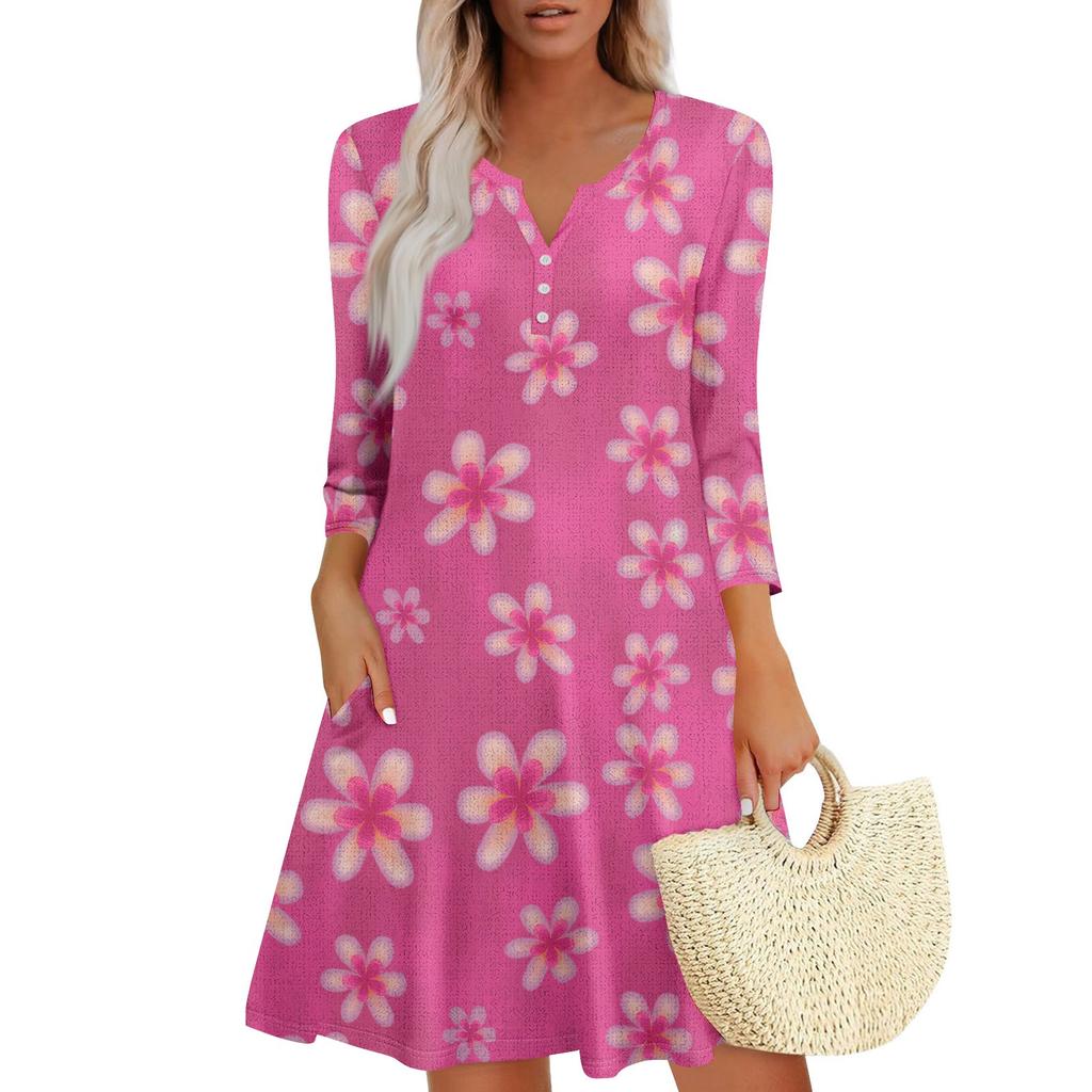 Women’s V Neck Floral Print Loose Fit Dress with Three Quarter Sleeves Casual Flowy A Line Summer Dress for Daily Wear
