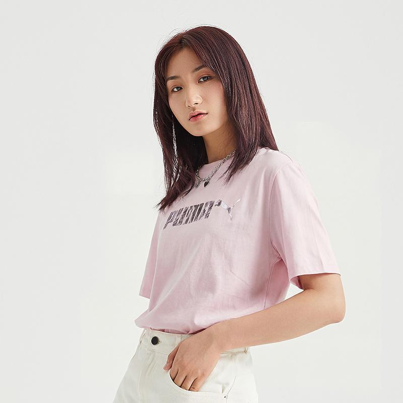 Puma Ess Printed Round Neck Pullover Short Sleeve Fashion Casual Pink Simple Sports T-Shirt Unisex Tops 697103-70
