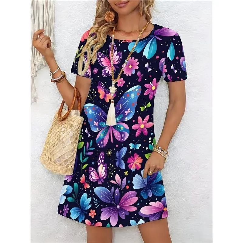 Summer Ladies 3D Printed Short Sleeve Dress Fashion Versatile Trend Breathable Casual
