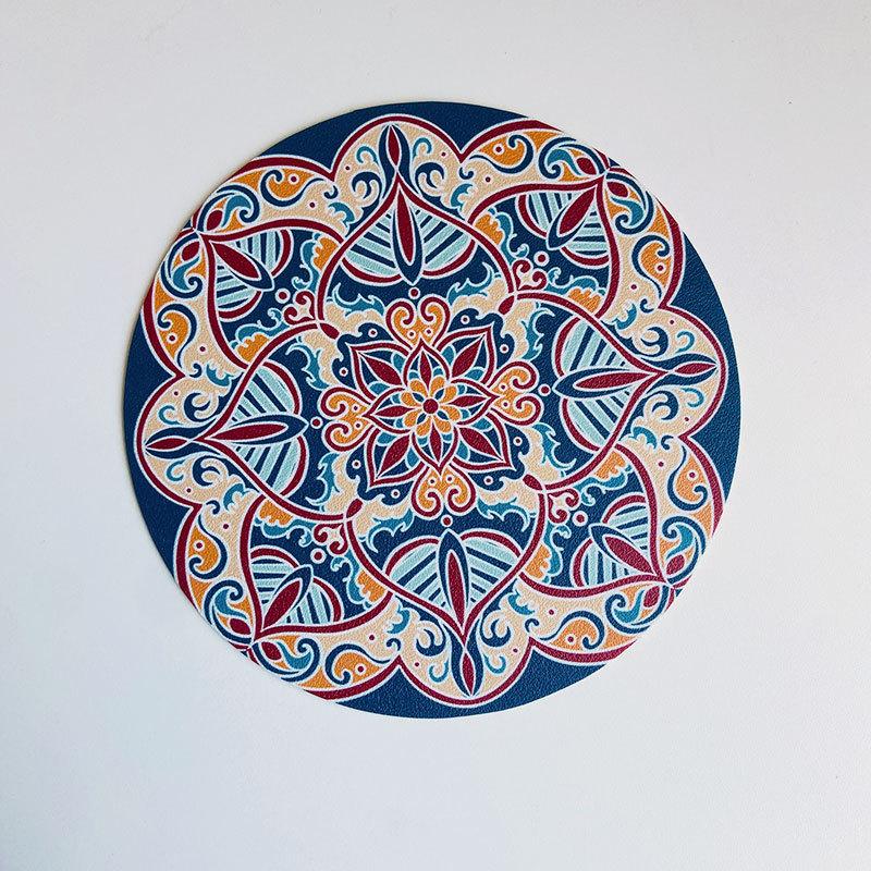 1PCS Round Ethnic Leather Coasters Boho Printed Heat Insulation Antiskid Cup Mats Reusable Drink Pad Tableware Set Kitchen Decor