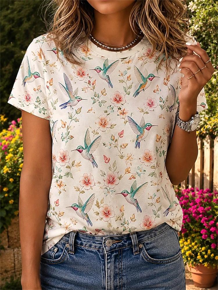 Women's Summer Fashion Casual T-Shirt 3D Floral Print Round-Neck Short-Sleeve Top Elegant and Chic Women's Short-Sleeve Top