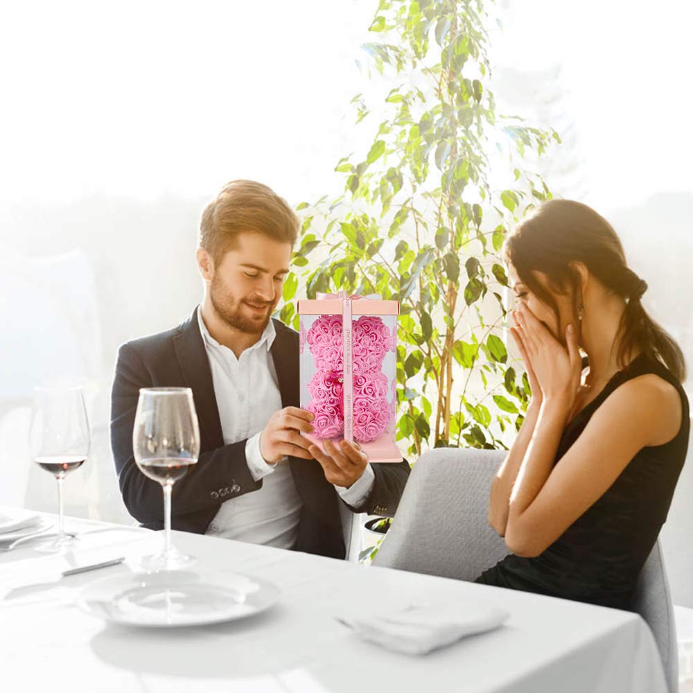 Enhong Rose Bear, Never Withers, Stuffed Toy, Interior Decoration, Birthday, Valentine's Day, Christmas, New Year Present (With Box (Pink))