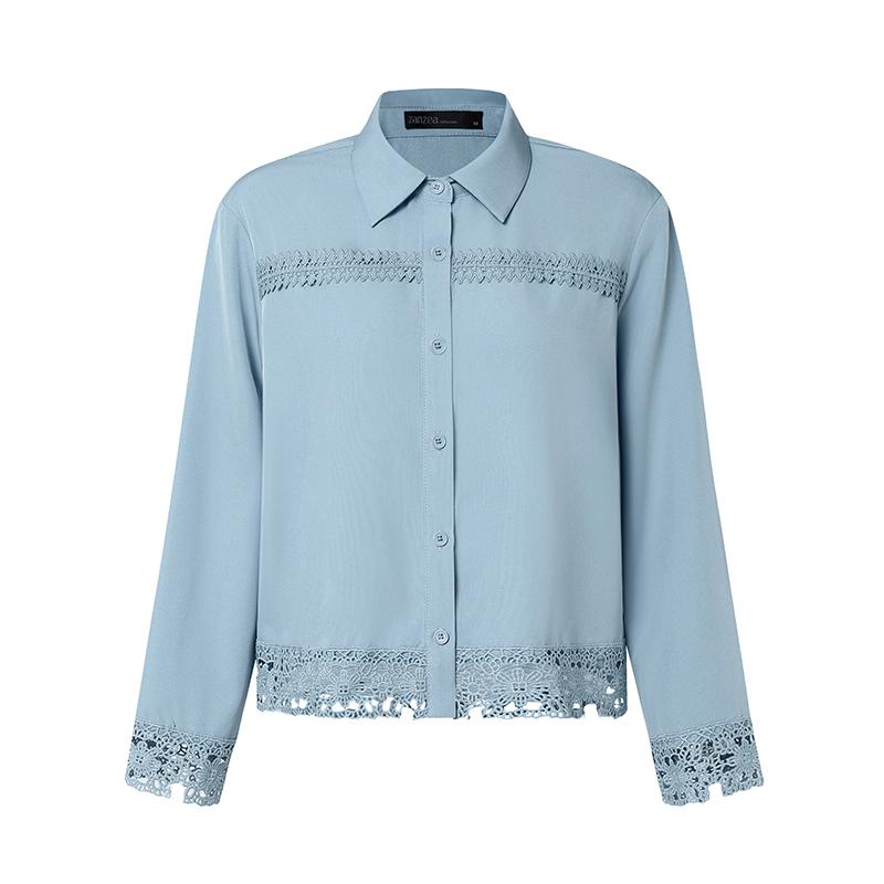 ZANZEA Women Casual Turn Down Collar Loose Lace Crochet Splice Long Sleeve Blouse