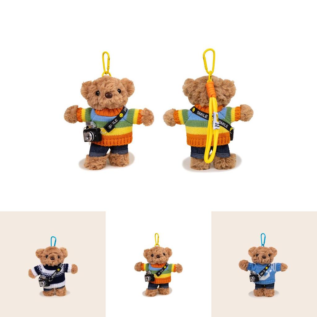 Portachiavi Peluche Orso con Maglione e Fotocamera, Design per Decorazione Zaino e Regalo