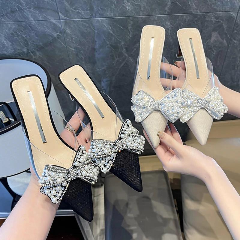 Fashion 2025Sweet Shoes for Women Lovely Slippers Basic Slides Strange High Heels Solid Pointed Toe Butterfly-knot Summer Slippers