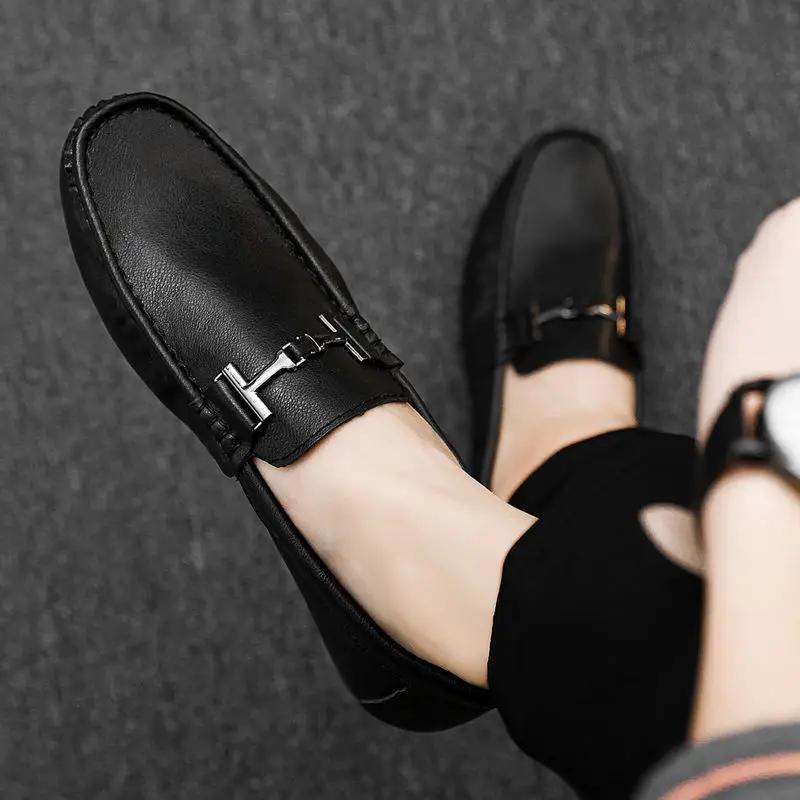 Fashion Round Toe Flat Leather Shoes for Men Black Cowhide On Sale Comfortable Pu Classic Original Fashion 2025 Luxury Man Casual Shoe