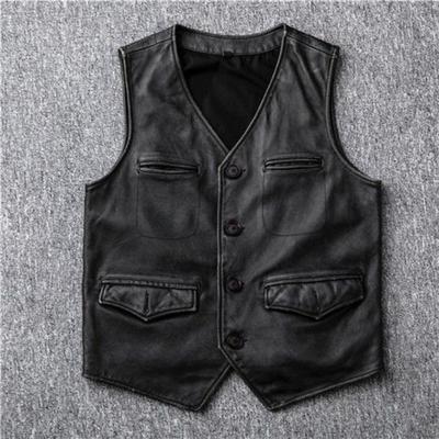 Tooling Retro Old First Layer Cowhide Leather Vest Men Slim Leather Jacket