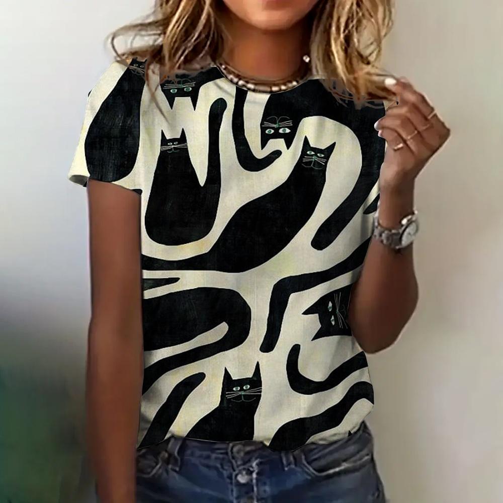 Women's T-shirt Summer Cartoon Cat 3D Printed T-shirt Women's Fashion Casual Round Neck Short Sleeve T-shirt Women's Top T-shirt Elegant