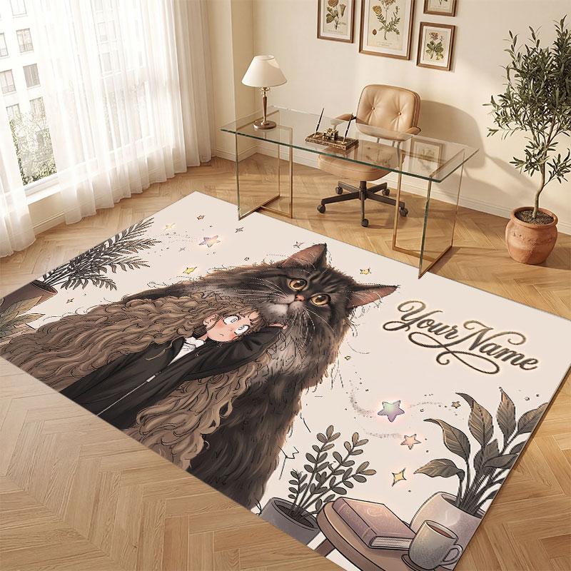 Cat Theme Crystal Velvet Floor Rug Personalized Custom Name Text Warm Carpet Home Decoration