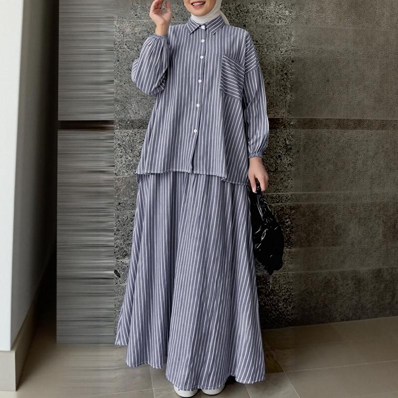 ZANZEA Women Long Sleeve Blouse and Long Skirts Stripe Print Two Piece Suit Sets