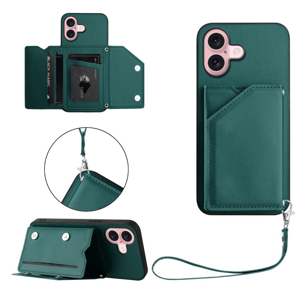 For iPhone 16 Case Card Holder Kickstand Skin-Touch Phone Cover with Wrist Strap