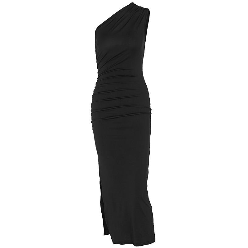 Women European Style One Shoulder Solid Color Slit Sleeveless High Waist Slim Sexy Long Dress