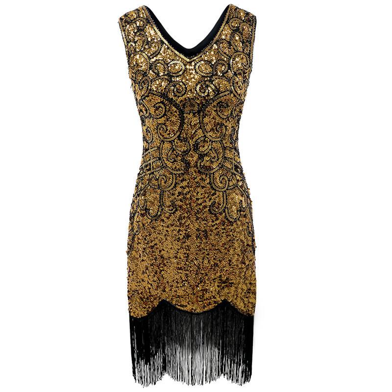 S Vintage Gatsby Sequin Dress Gala Dress Tassel Dress Double V-Neck Dress Stage Performance Costume
