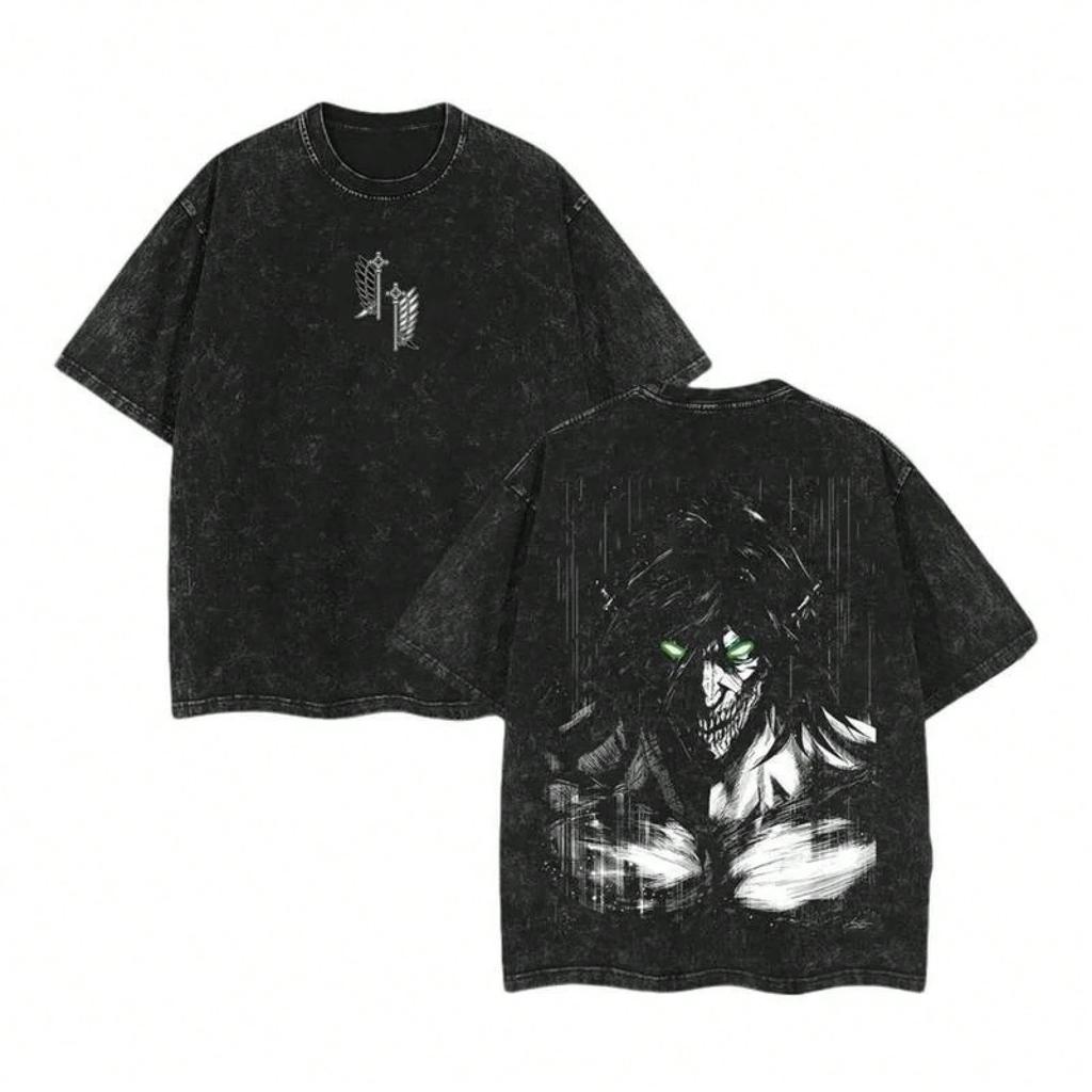 Summer Attack on Titan Anime Printed Four Seasons Retro Cotton Washed T-shirt Men's Top