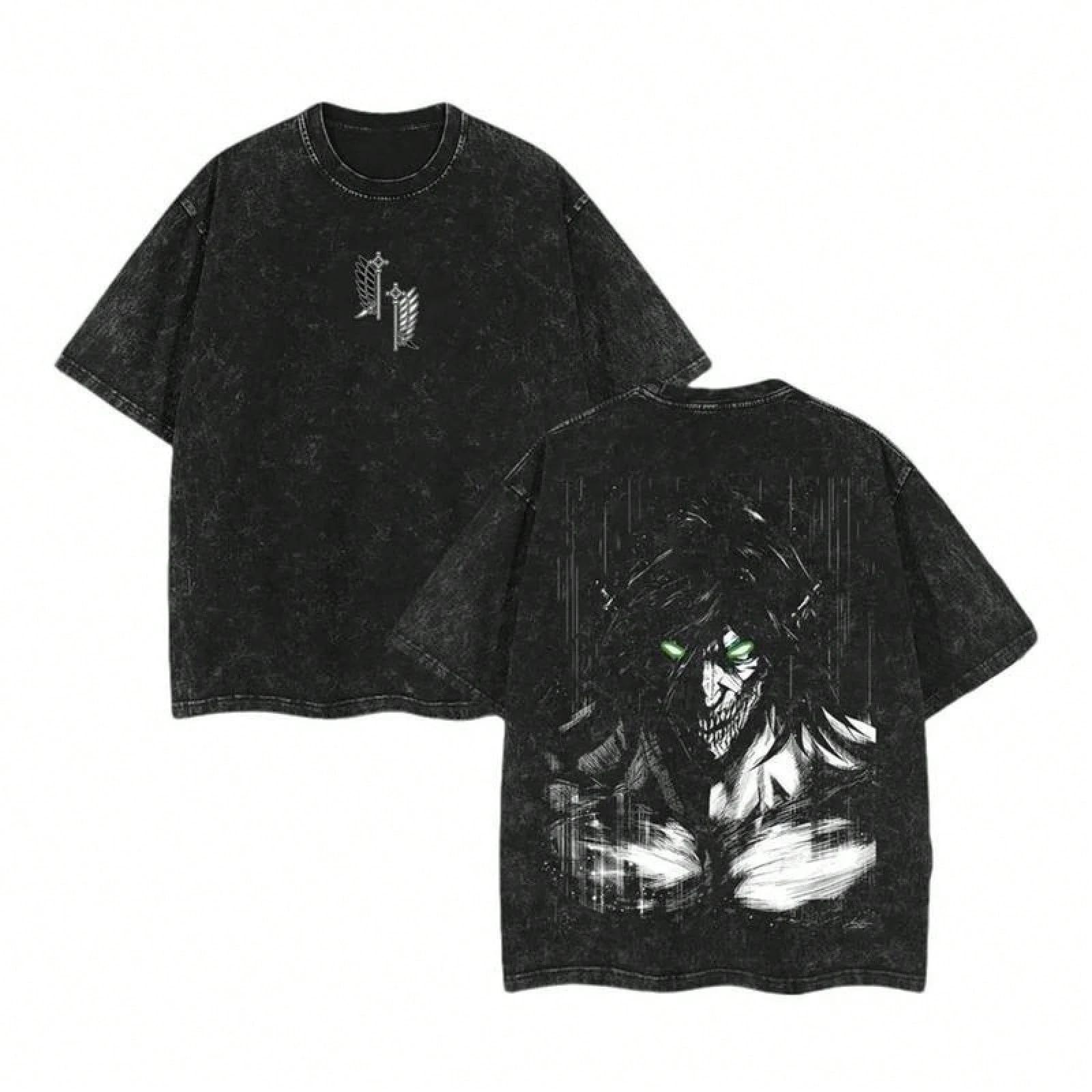 

Attack on Titan Anime Printed Four Seasons Retro Cotton Washed Tshirt Harajuku New Cotton Summer Mens Top XL