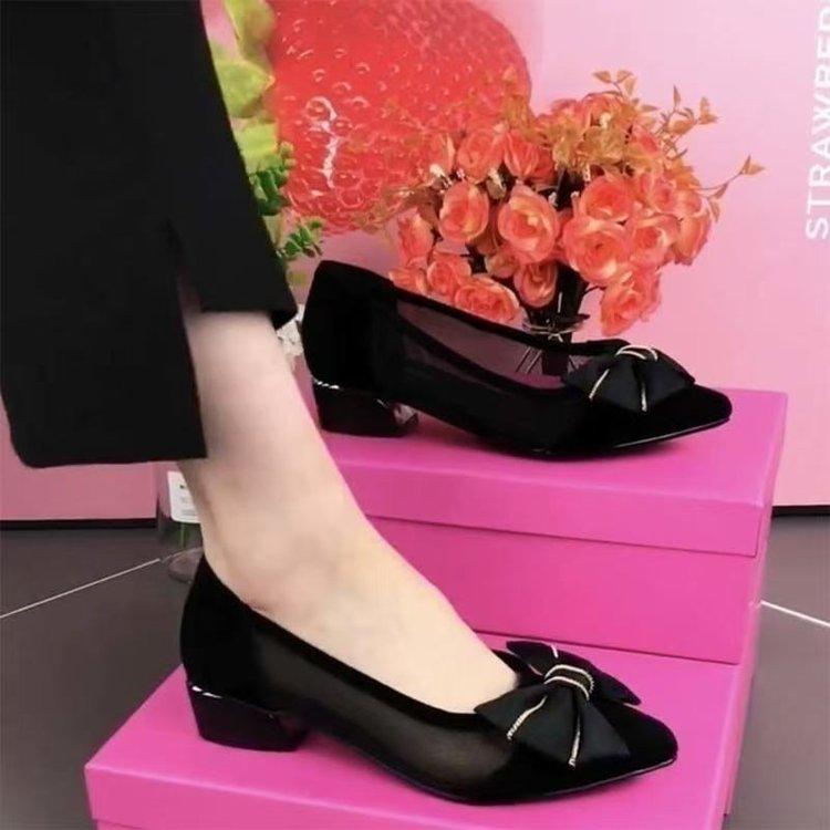 Mesh single shoes women's low heel versatile hollow mesh women's shoes 2025 spring and summer new pointed thick heel sandals simple