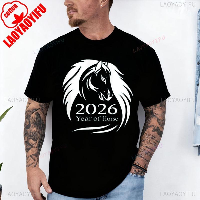 

Festive Year of The Fire Horse 2026 Chinese New Year TShirt Crew Neck Short Sleeve Cotton Top All Seasons Street Fashion Tees 4XL