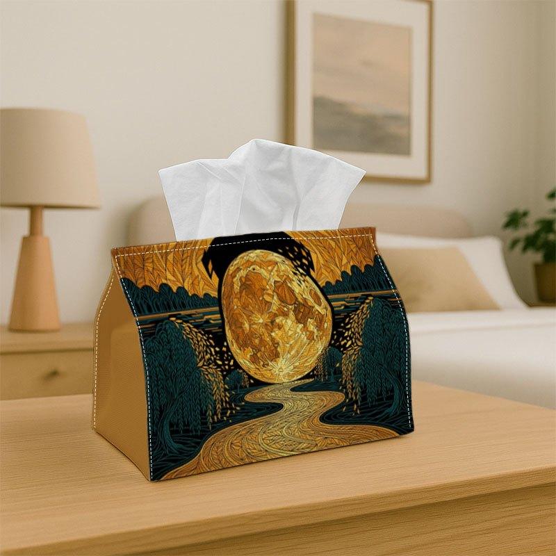 1pc Modern Golden Impressionist Moon & Landscape Tissue Box Holder - Suitable for Office, Car, Nap Storage Decor, Sturdy Centerpiece with Minimalist F