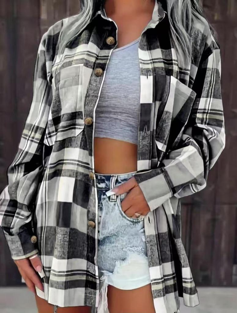 2025 Women's Cross-Border Plaid Shirt Jacket – Casual, Versatile Mid-Length Design