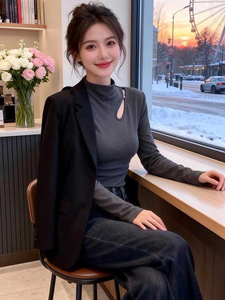 Comfortable Semi-High Neck Lace Beaded Hollow Long-Sleeve Top.