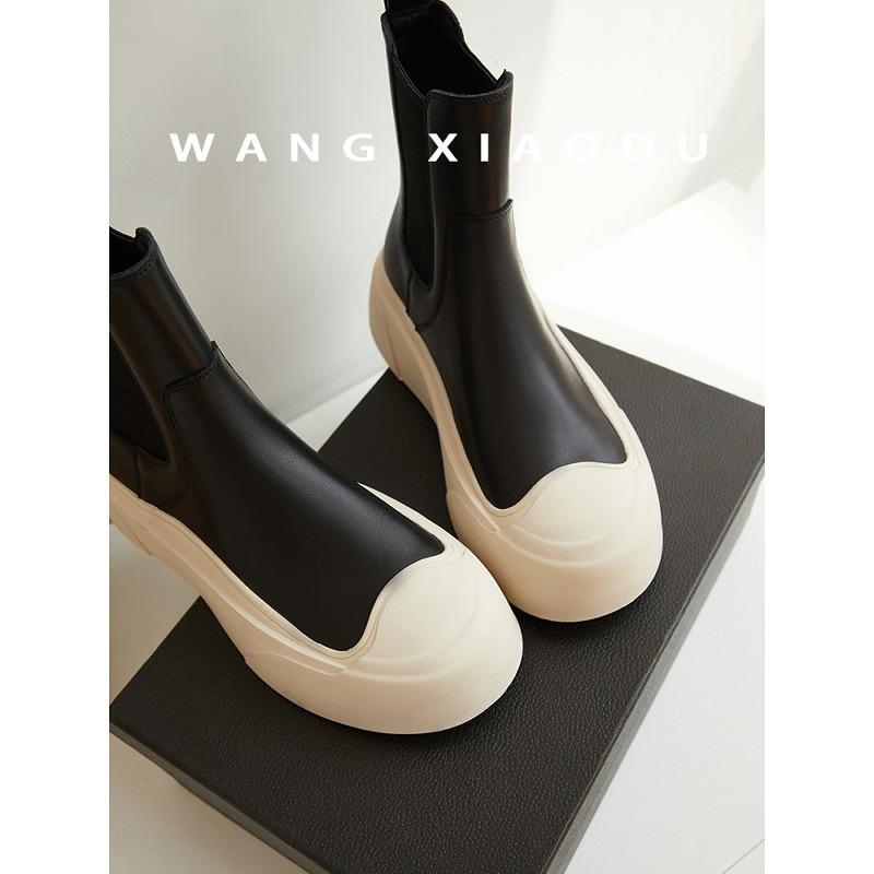 Cowhide~ Wang Xiaodou same leather Chelsea boots women's autumn and winter new Martin boots muffin platform sports short boots