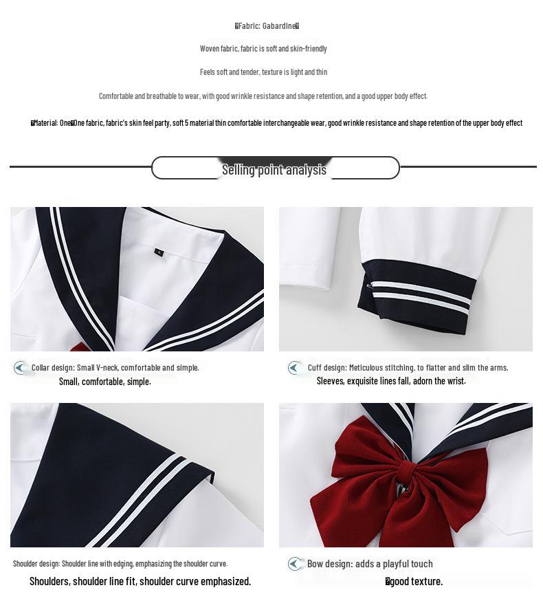 Námořnická dvoudílná JK uniforma v tmavě modré a bílé barvě s dlouhým rukávem a plisovanou sukní na jaro/podzim