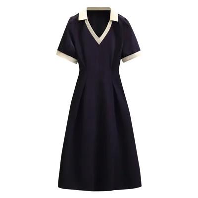 Polo Dress Female Summer V-neck Short Sleeve Mid-Calf Length A-LINE Casual Sweet Stitch Korean Version College Style
