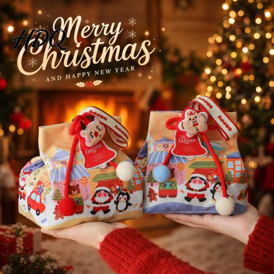 Portable Gift Bag Christmas Drawstring with Handle Reusable Canvas for Party Pouches Present Xmas Candy Goodie Treat Pouch Holiday Bags