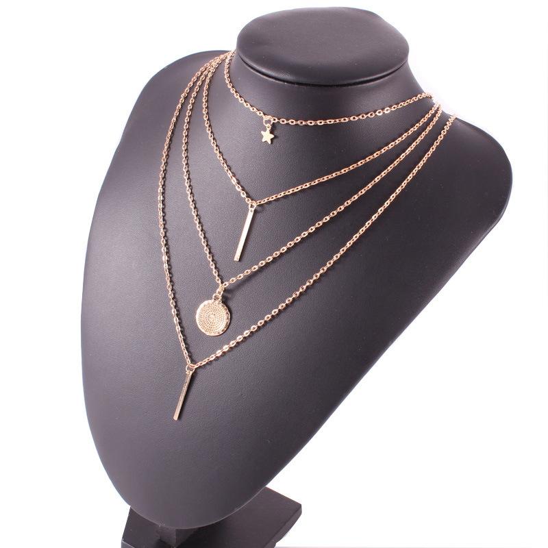 C131 New Product Five-Pointed Star Round Disc Geometric Necklace Fashionable Personality Multi-Layer Necklace 4 Layers
