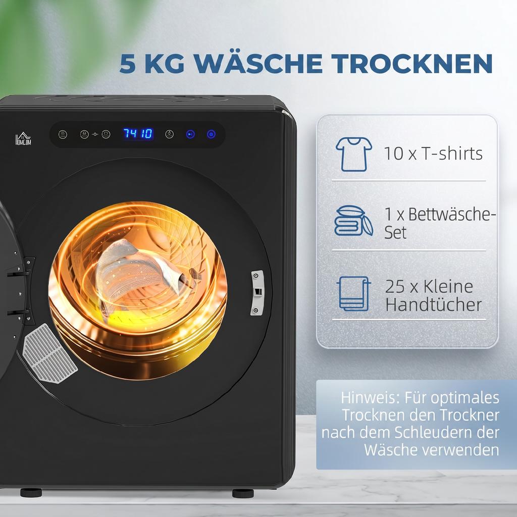 Tumble Dryer, 6 Programs, 40-60 Degrees C, 5 Kg Capacity, Compact, Touch Control, Black