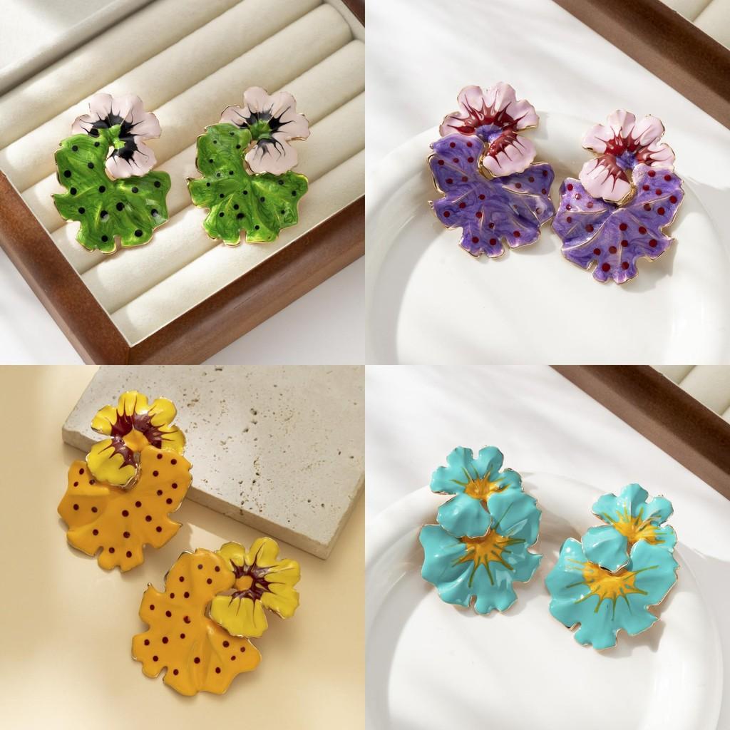 European Style Chic Enamel Drop Oil Floral And Leaf Earrings Women For