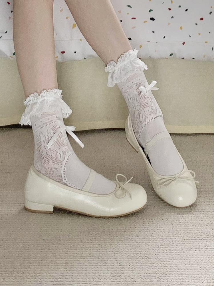 Summer Thin Lace Mid Tube Socks Sweet Bow Hollowed Ballet Calf Socks Lolita White