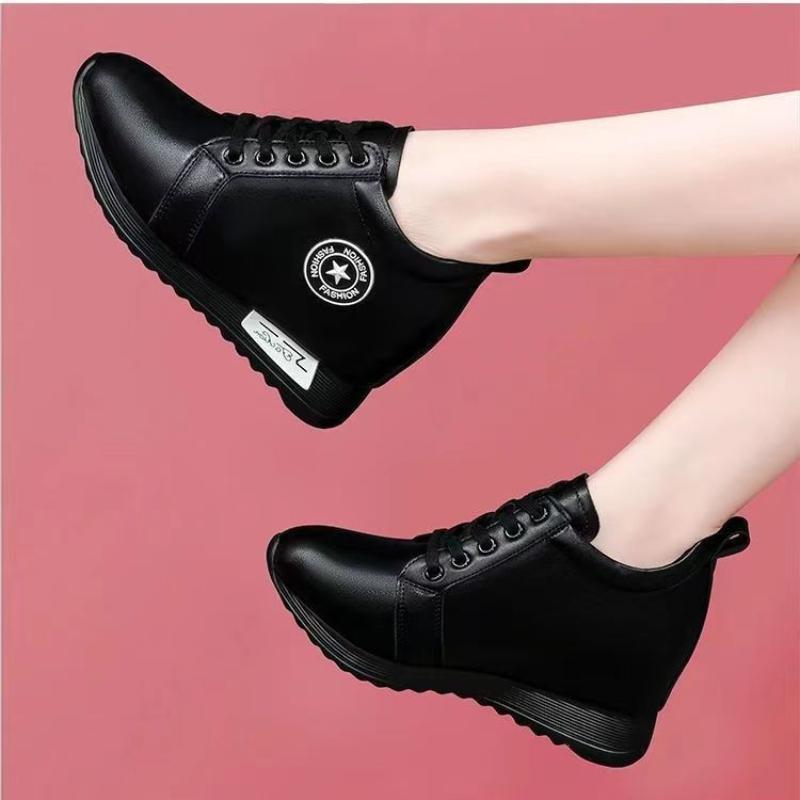 Women Leather Platform Sneakers Wedges Vulcanized Shoes Lace-up Comfortable Sneakers Round Toe Waterproof Non-slip Casual Shoes