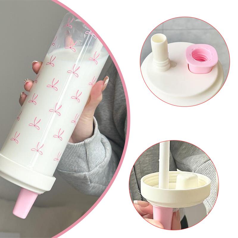 700ml Portable Large Capacity Women Water Cup Pink Bow Print Tumbler Water Bottle with Straw Lid Girly Attractive Drinking Cup