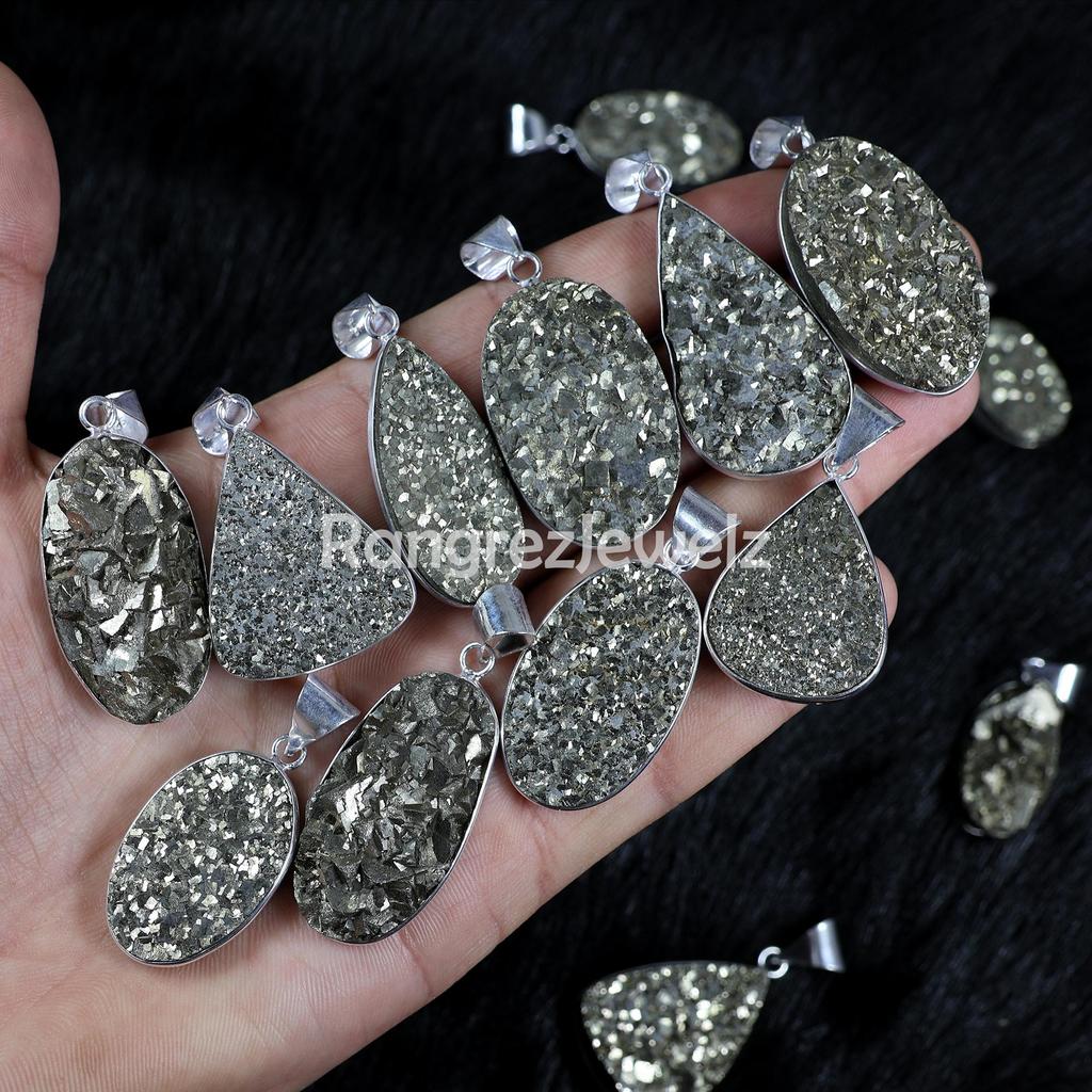 Pyrite Druzy Pendant Sterling Silver Pendant Rough Pyrite Pendant Bezel Pendant Mix Shape Pyrite Gemstone Pendant Gold Pyrite Necklace Jewelry