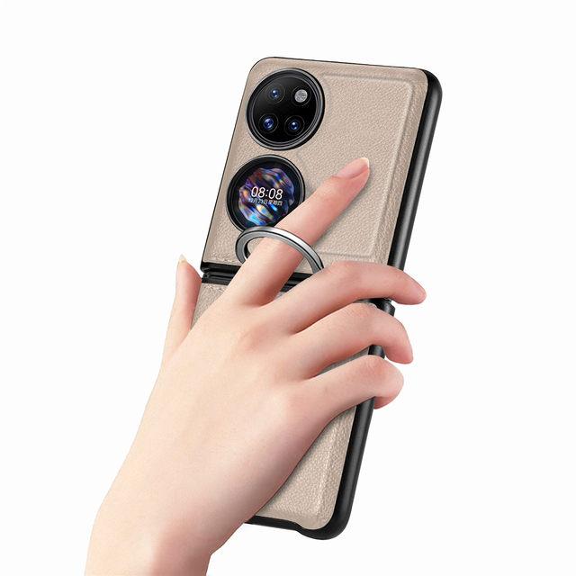 

Тонкий простой кожаный матовый чехол для Huawei P50, карманный противоударный складной чехол с защитой от падения, с кольцом на палец for P50 Pocket хаки