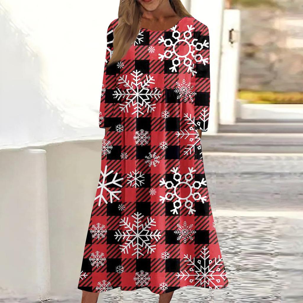 Women's Casual Round Neck Christmas Print Midi Dress Long Sleeve Pocket Dress