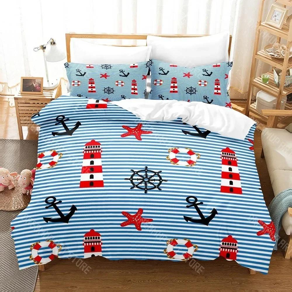 3D Print Blue Anchor Bedding Set Cartoon Anime Three-piece Set Adult Kid Bedroom Duvetcover Sets 3D Kawaii