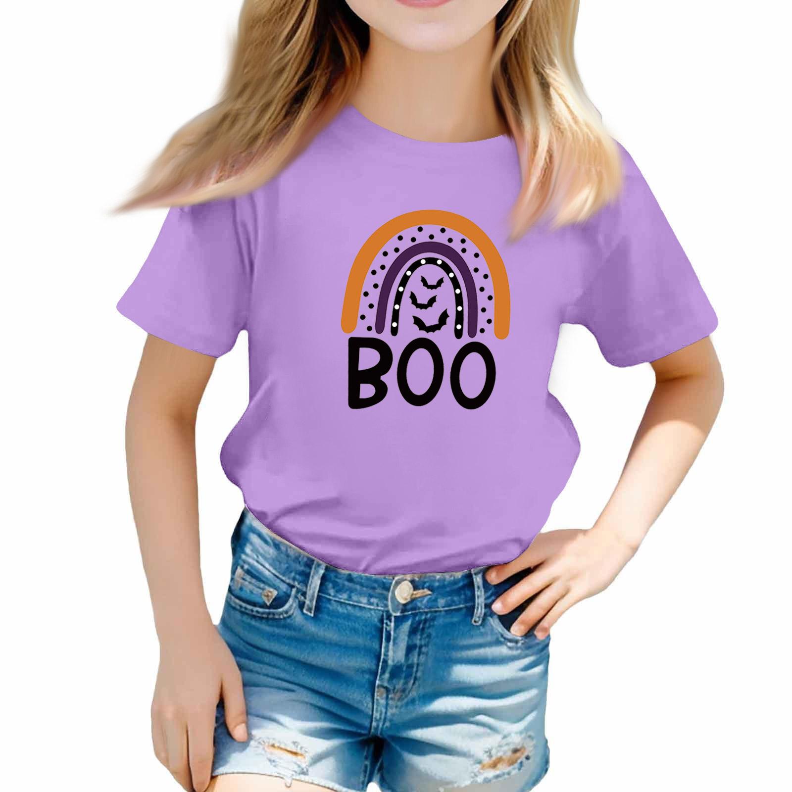 

Girls Halloween Short Sleeve T Shirt Pumpkin Face Print Casual Tee Top for Kids Comfortable Fit Soft Fabric Breathable Design 140 фиолетовый