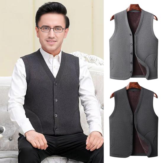 Men Vest Coat V-Neck Sleeveless Single Breasted Waistcoat with Pockets Solid Color Thickened Velvet Lining Coldproof Vest