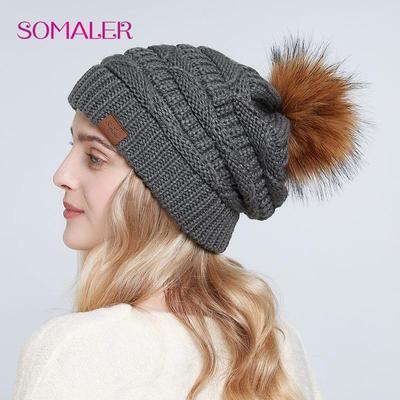Bonnets amples en tricot pour femmes, chapeau chaud, Baggy, casquette de Ski, fausse fourrure, pompon, chapeaux pour dames, hiver