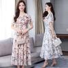 Large Size Ice Silk Floral Medium and Long Dress Women's Summer New Horn Sleeve Super Fairy Dress Slim Long Waist Skirt Tide
