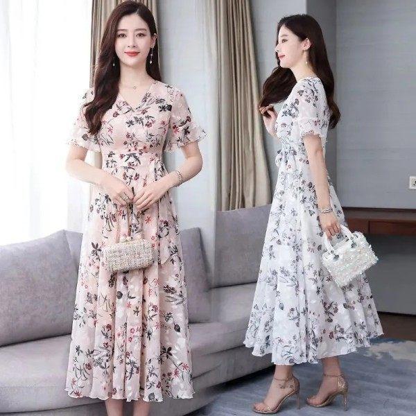 Large Size Ice Silk Floral Medium and Long Dress Women's Summer New Horn Sleeve Super Fairy Dress Slim Long Waist Skirt Tide