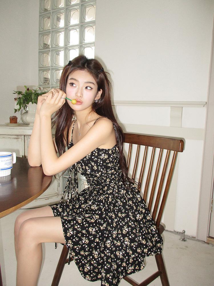Spring/Summer 2026 Black Floral Tea Dress - Women's Short Camisole Skirt