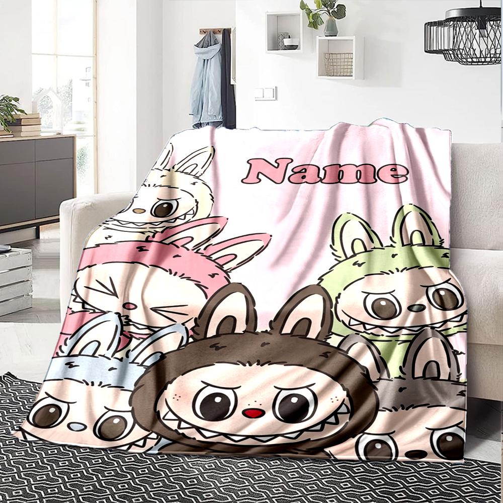 Custom Name Labubu Theme Printed Blanket - Perfect for Couch, Bed, Travel & Outdoor Use | Machine Washable, Cozy & Durable.