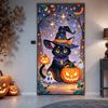 2D Flat Halloween Door Black Cat Witch Hat with Purple Necklace Pumpkin Ghost Starry Sky Pattern Durable Polyester Hanging Decor