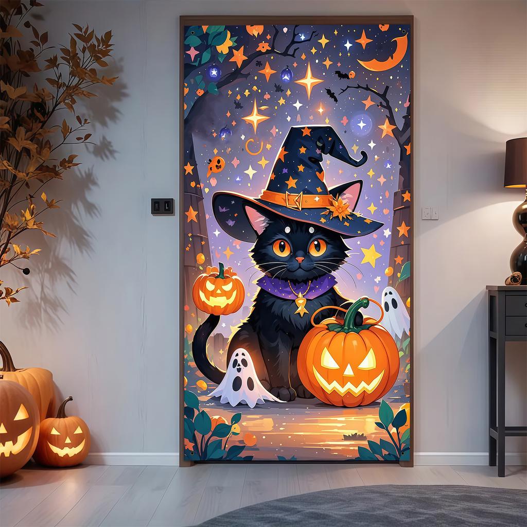 2D Flat Halloween Door Black Cat Witch Hat with Purple Necklace Pumpkin Ghost Starry Sky Pattern Durable Polyester Hanging Decor