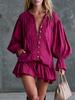 European and American new V-neck lantern sleeve ruffle edge dress women's long-sleeved casual vacation style solid color dress