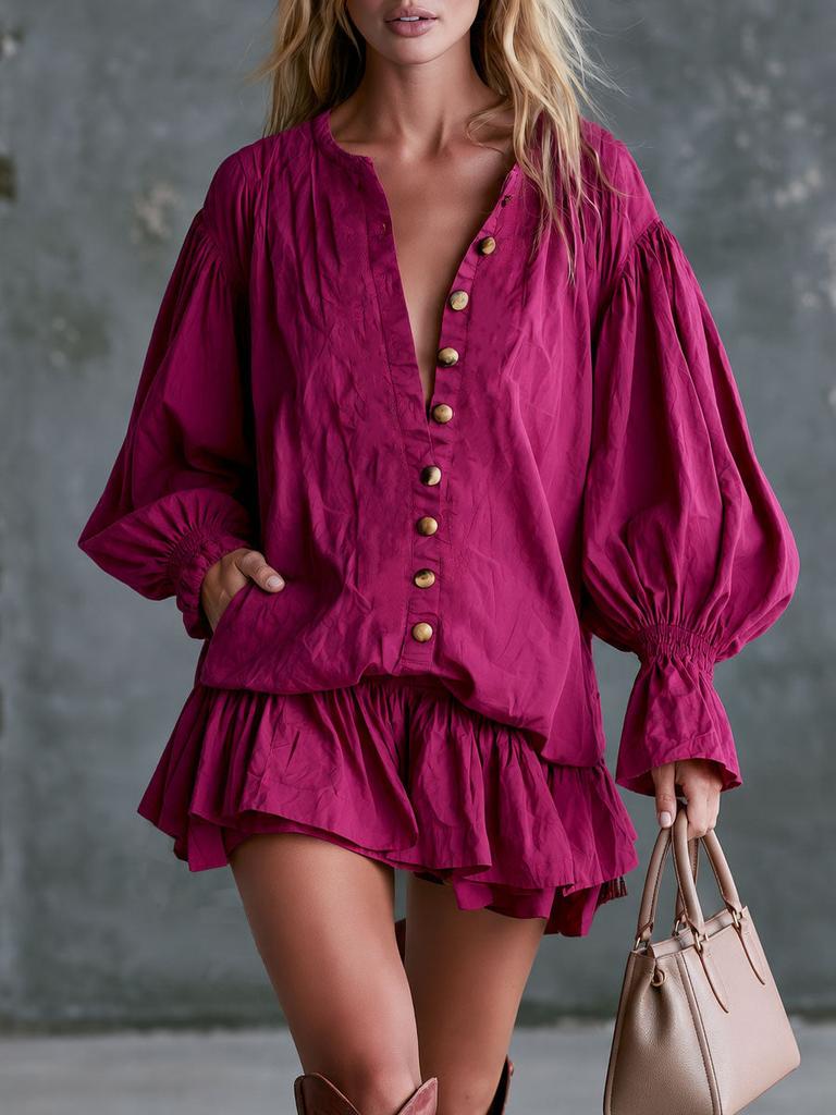 European and American new V-neck lantern sleeve ruffle edge dress women's long-sleeved casual vacation style solid color dress